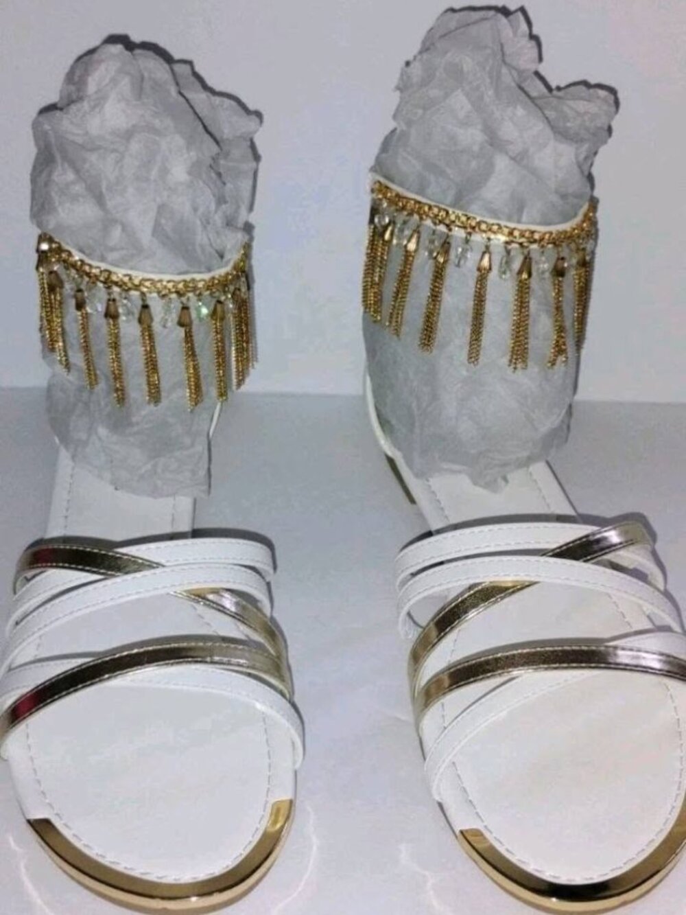 Women's Gladiator Flat Sandals Ankle Strap Gold Chain Back Zip White / Gold Sz12